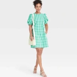 A New Day Target Green Gingham Puff Sleeve Mini Dress Sz M